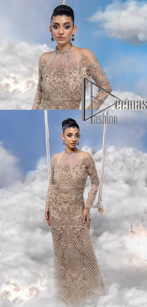 It was love at first swipe. A light fawn heavily hand-crafted maxi for an elegant daytime Nikah look. This light