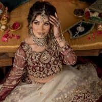 Maroon Fluffy Lehenga Blouse – Ivory Dupatta - Image 5
