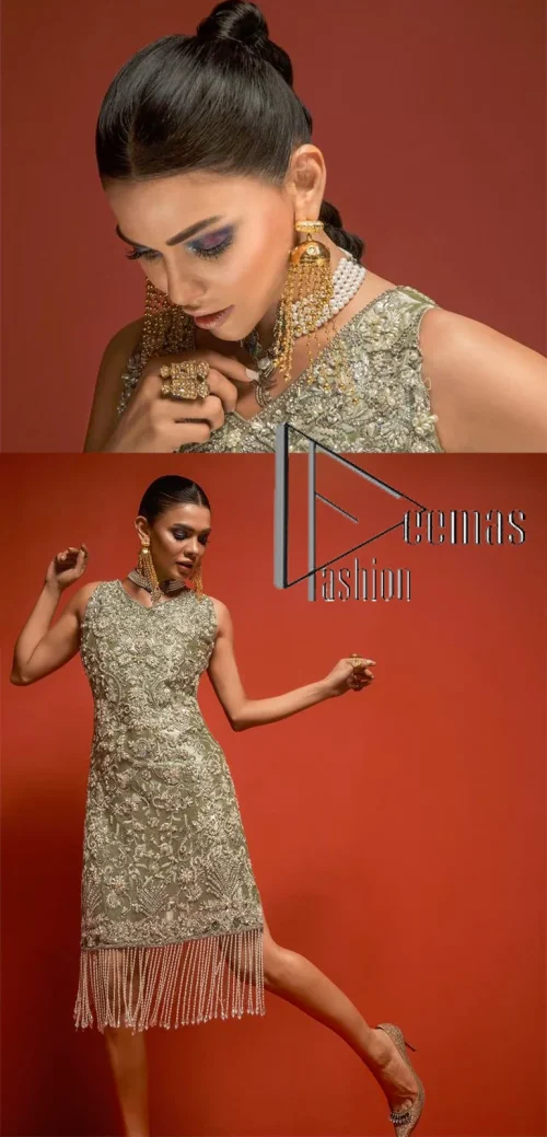 Celebrate your party events with DeemasFashion. An olive green shirt in tissue fabric, hand embellished with dabka, nakshi, cut dana,