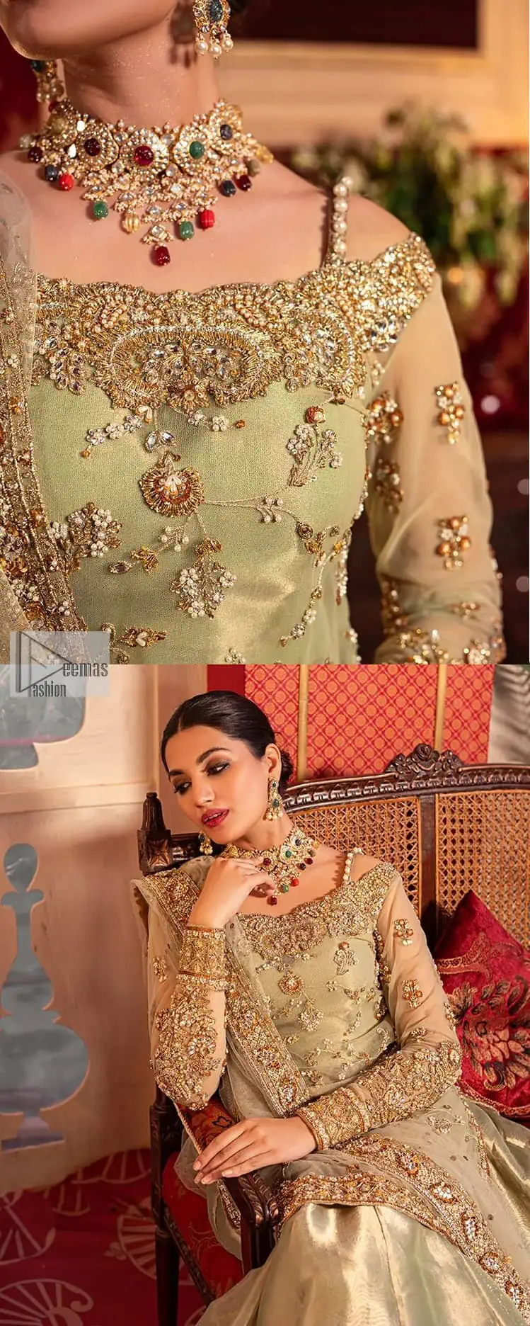 A refreshing colour palette that will make your eyes twinkle and heart sing! A pure organza short shirt in olive green is attractively hand-rendered with golden embroidery and is enhanced with naqshi, Sitara, dabka, tilla, and Zardozi. The strap neckline of this amazing shirt comes with full sleeves to make your Mehndi event more delightful and stunning. The following shirt is paired with double layered lehenga which is just in plane mode to balance the outfit. Complete this traditional look with a dupatta with sequins sprayed all over, framed with a gorgeous embellished four-sided border.