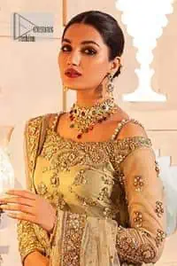 A refreshing colour palette that will make your eyes twinkle and heart sing! A pure organza short shirt in olive green is attractively hand-rendered with golden embroidery and is enhanced with naqshi, Sitara, dabka, tilla, and Zardozi. The strap neckline of this amazing shirt comes with full sleeves to make your Mehndi event more delightful and stunning. The following shirt is paired with double layered lehenga which is just in plane mode to balance the outfit. Complete this traditional look with a dupatta with sequins sprayed all over, framed with a gorgeous embellished four-sided border.