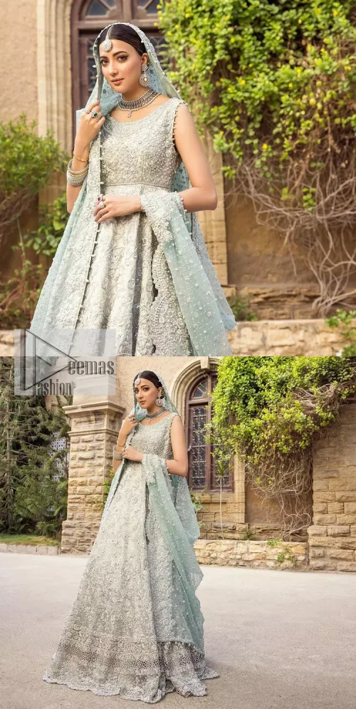 For the love of blue! A raw silk pale blue maxi with a heavy border is beautifully embroidered in silver