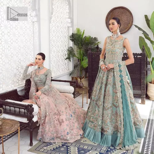 Be a fashion diva in this true modern classic Nikah outfit! The pale blue pleated maxi is handsomely adorned with