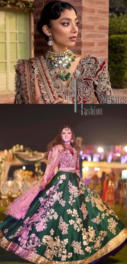 A combination of red and green are here to win hearts at your Mehndi. The attractive lehenga in green colour is hand-rendered with golden embroidery and enhanced with tilla, dabka, kora and zardozi. The floral pattern of the lehenga is followed by attractive border embroidery. It is paired up with a red blouse choli which is beautifully embellished and enhanced with V shape neckline. Further, the half sleeves style of the blouse also added beauty to this outfit. Finish this outfit with a dupatta which is ornamented with four-sided borders and floral motifs all over.