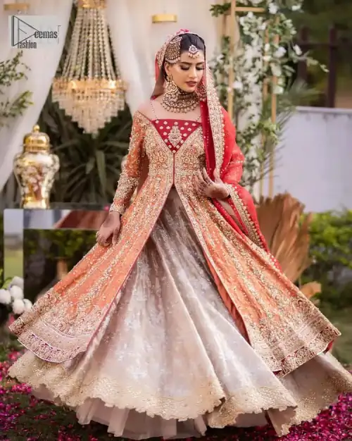 Shine bright in the sparkling ensemble from DeemasFashion. Introducing this reception outfit which begins with a rust pishwas.  This front