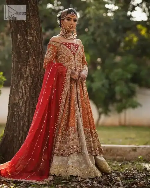 Shine bright in the sparkling ensemble from DeemasFashion. Introducing this reception outfit which begins with a rust pishwas.  This front