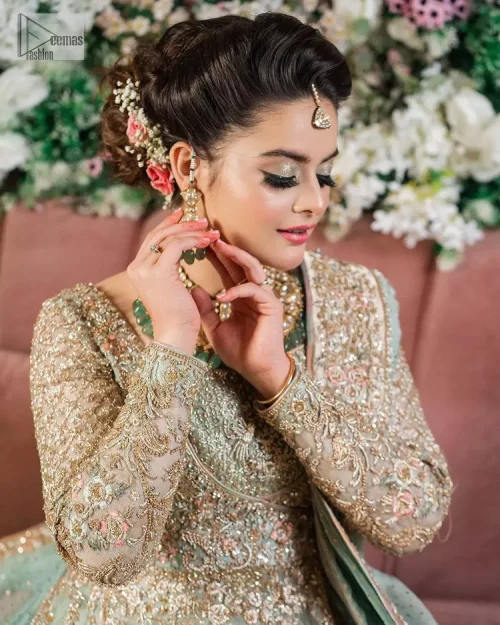 Unique embroidery designs to add some sparkle to your style on your Nikah! Light blue angrakha maxi with delicate multiple