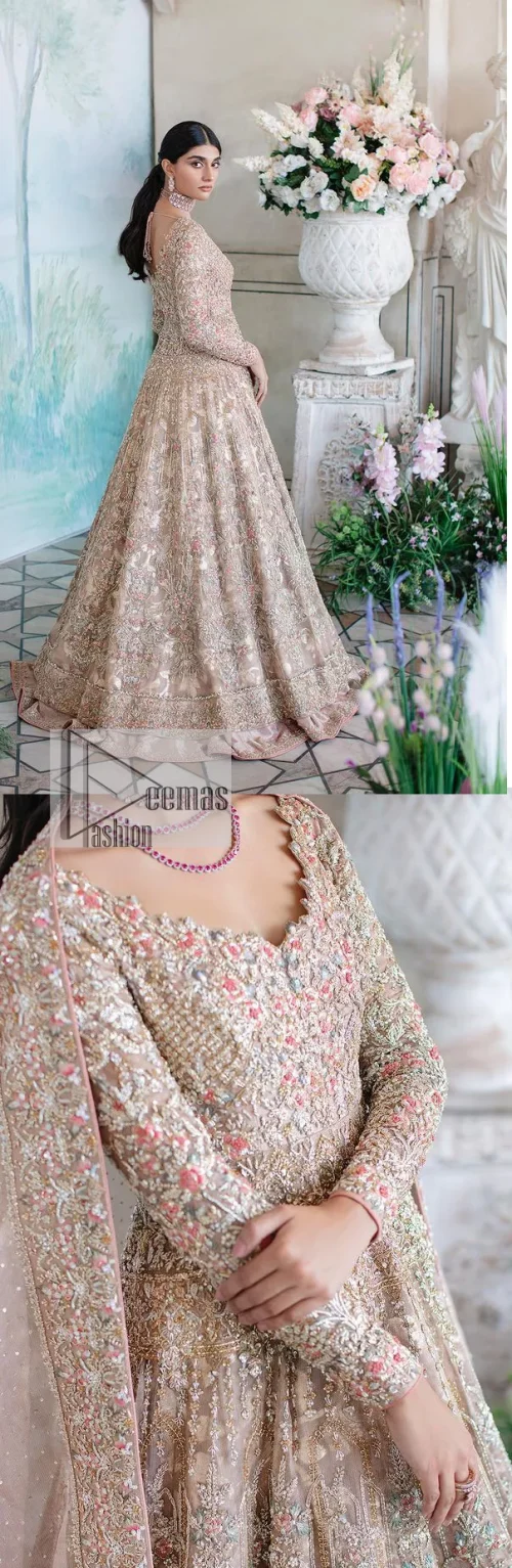 Make your Nikah look pop with the unique pieces from DeemasFashion. This pishwas is hand-embellished with multiple colour embroidery and