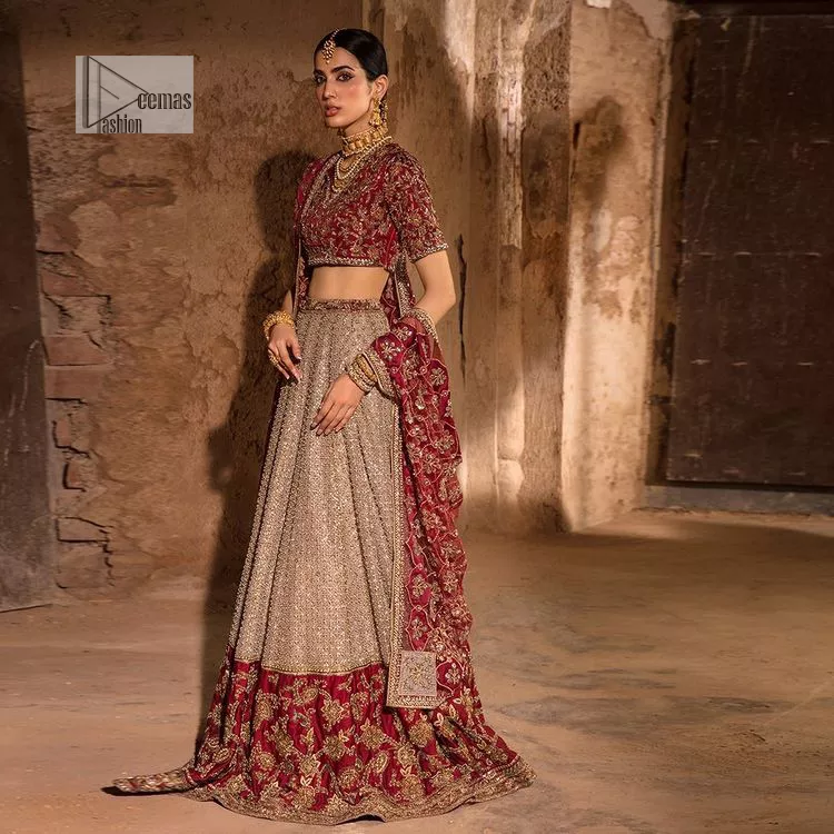 Keep it comfy and attractive with the best DeemasFashion reception wear! A silver flare lehenga encrusted with tilla, dabka, kora, Kundan and pearl work with heavily adorned silver and golden embroidery. The border of the lehenga has a beautiful red border to make it a unique masterpiece. The red blouse with V shape neckline is hand rendered with beautiful embroidery. In addition to this, the following blouse has half sleeves which is a simply stunning wedding dress. The look is completed with a beautiful, red organza dupatta with intricately hand embellished motifs and borders.