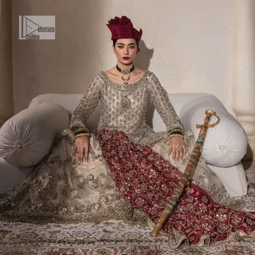 Unravel your inner density with our ivory nikah outfit. DeemasFashion presents this outfit which is embellished with light golden embroidery