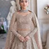 Carry the style that is your dream on your Nikah day with this classy article! A beautiful blouse in nude ivory colour is a perfect choice to pair with Lehenga. The blouse choli is emblazoned with silver embroidery and floral designs. Hand-crafted details of tilla, dabka, kora, Kundan and crystals make this choli a ravishing masterpiece. The boat shape neckline is a perfect choice to make this article super amazing. Further, the following blouse is maintain a balancing look of the bride with its full sleeves. It is handsomely systemized with a scalloped lehenga that is heavily adorned to win everyone's hearts at the very first glance with its charm and elegance. Finish this article with a dupatta its surface sprayed with sequin and beautifully framed by a heavily embellished floral border that is a perfect choice