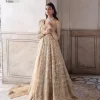 Ooze beauty and elegance in this simple yet amazing ensemble. This walima outfit in the off-white colour is a  magnificent look emblazoned with beautiful light golden embroidery which is further enhanced with tilla, dabka, kora, Kundan and the real magic of thread. The square neckline and full sleeves are unique in style and have classy look and perfect choice for the traditional bride. It is paired up with a lehenga which is adorned with beautiful embroidery. Father, the lehenga has a back-train to make this outfit lovely. Complete this with a dupatta framed with four-sided borders and sequins sprayed all over to add extra glam to this masterpiece.
