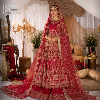 Enter the world of allurement with red shade, a gorgeous go-to dress for your big day to make you look classy and fabulous at the same time! A red organza base reception outfit is generously light golden embroidered with tilla, dabka, kora, Kundan and resham to form a beautifully composed lehenga, maxi and dupatta. The round neckline, three quarter sleeves make this outfit super amazing and charming. It is paired up with lehenga which is adorned with ting floral motifs. The can-can make this lehenga a dreamy real magic. Finish this look with dupatta, framed with a four sided borders. It is enhanced with sparkling of tiny floral motifs and sequins spray.