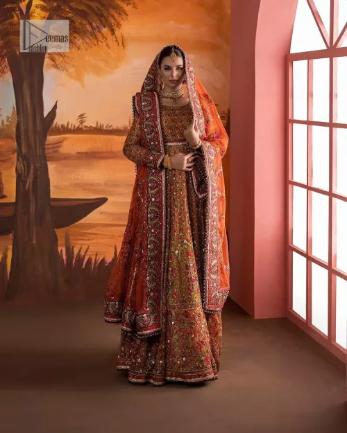 Blissful rust! This ensemble is the epitome of grace. DeemasFashion presents this beautiful mehndi outfit in rust colour to make