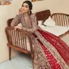 Classic and eye-catching! Made for stylish brides.  This reception wear in the bright red shade comes in a stunning open style and is hand-embellished with tilla,dabka, kora, Kundan and Zardozi details. The golden embroidery gives a royal touch to the dress. The V shape neckline gives you a dreamy appearance on the most important day of your life. Intricate designs and hand-crafted embellishments on full sleeves also make a look. It is systemized with a lehenga which has a huge flare and is adorned with embroidery. Complete this article with a dupatta framed with four-sided borders that is a perfect choice.
