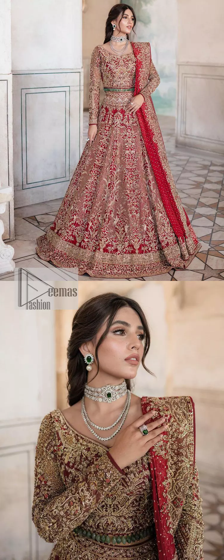 This intricate floral pattern is mirrored on a dreamy canvas to elevate your looks! The blouse in a bright red shade is a traditional attire to pair with a lehenga. The blouse is fully emblazoned with tilla, dabka, kora Kundan and crystals. Intricate designs and fine details of light golden embroidery give a perfect finishing look to the blouse. The boat shape neckline gives a stunning touch to the blouse. Further, Hand-crafted embellishments on full sleeves also add beauty to the outfit. It is systemized with can-can lehenga which is fully adorned with embroidery to fulfil the dreamy look. Finish this reception wear with a dupatta framed with four-sided embellished borders and sequins sprayed all over.