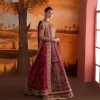 Experience the true essence of reception wear in alluring attires from DeemasFashion. The host pink pishwas is decorated with multiple colour embroidery which is handsomely enhanced with tilla, dabka, kora, Kundan and the real magic of Zardozi to make this masterpiece unique and charming. The finishing of boat shape neckline enhances the beauty of the attire. Furthermore, the full sleeves of the pishwas are a perfectly charming choice to pair with a Pishwas. It is coordinated with a jamawar lehenga whose border is adorned with beautiful embroidery. Complete this article with a dupatta framed with four-sided embellished borders and sequins sprayed all over.