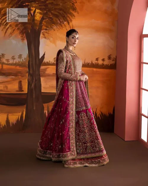 Experience the true essence of reception wear in alluring attires from DeemasFashion. The host pink pishwas is decorated with multiple