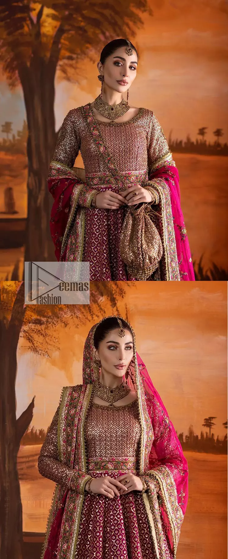 Experience the true essence of reception wear in alluring attires from DeemasFashion. The host pink pishwas is decorated with multiple colour embroidery which is handsomely enhanced with tilla, dabka, kora, Kundan and the real magic of Zardozi to make this masterpiece unique and charming. The finishing of boat shape neckline enhances the beauty of the attire. Furthermore, the full sleeves of the pishwas are a perfectly charming choice to pair with a Pishwas. It is coordinated with a jamawar lehenga whose border is adorned with beautiful embroidery. Complete this article with a dupatta framed with four-sided embellished borders and sequins sprayed all over.