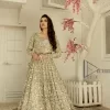 It was love at first swipe! Present this olive green back train maxi which is laboriously hand-rendered with silver embroidery to make you a pure soulful bride. It is enhanced with tilla, dabka, kora and Kundan. The illusion neckline adds more beauty to this walima wear when comes with full sleeves. The back train flare is made just for you to catch more and more love from your loved ones. Complete this walima wear with a dupatta in the same colour which is handsomely embellished with a four-sided heavy border and sequins sprayed all over to receive more love.