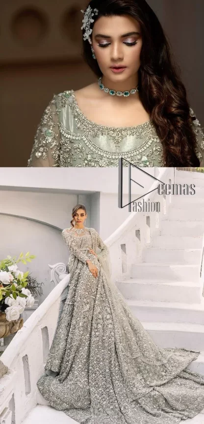 It was love at first swipe! Present this olive green back train maxi which is laboriously hand-rendered with silver embroidery to make you a pure soulful bride. It is enhanced with tilla, dabka, kora and Kundan. The illusion neckline adds more beauty to this walima wear when comes with full sleeves. The back train flare is made just for you to catch more and more love from your loved ones. Complete this walima wear with a dupatta in the same colour which is handsomely embellished with a four-sided heavy border and sequins sprayed all over to receive more love.