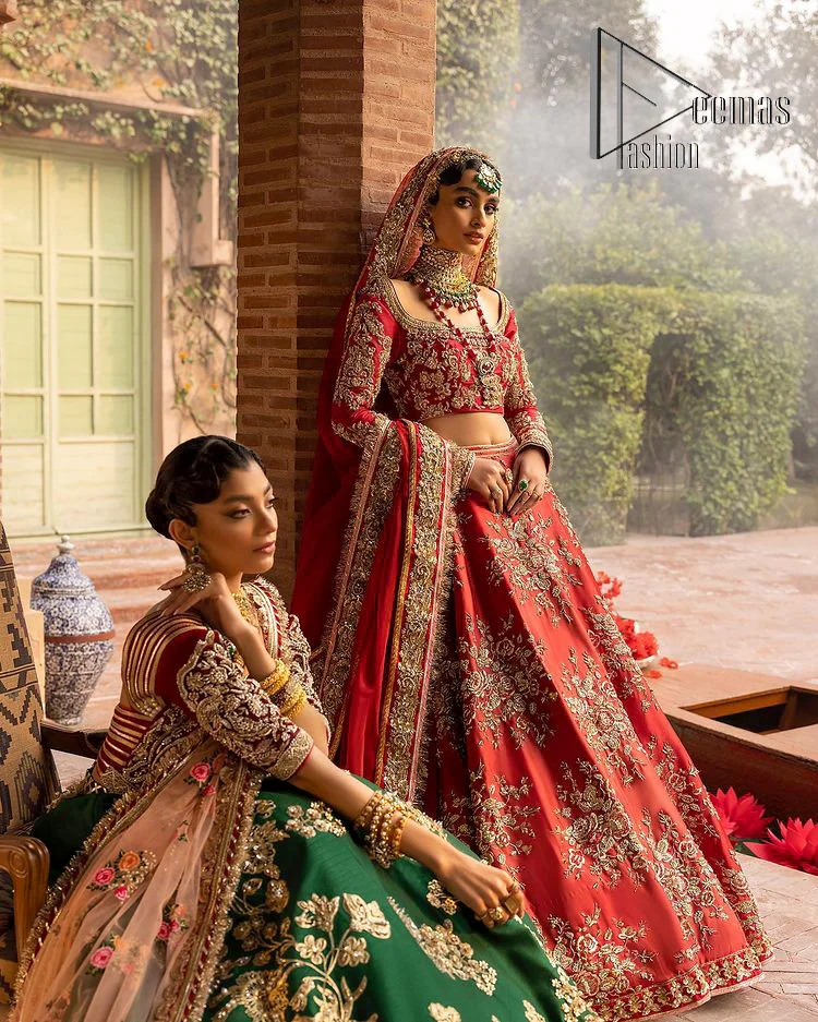 A- Line Silk Exclusive Red - Green Designer Bridal Lehenga Choli With Red  Dupatta, Size: Free Size