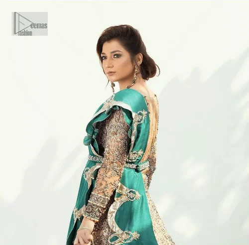 Celebrate your party with a bang and steal everyone's heart. The beautiful blouse in teal green shade comes in organza