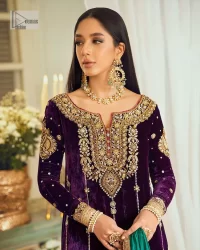 Plum Velvet Long Shirt Trousers – Green Dupatta - Image 1