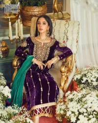 Plum Velvet Long Shirt Trousers – Green Dupatta - Image 2