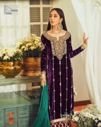 Plum Velvet Long Shirt Trousers – Green Dupatta - Image 3