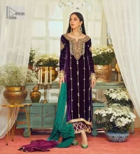 Plum Velvet Long Shirt Trousers – Green Dupatta - Image 4