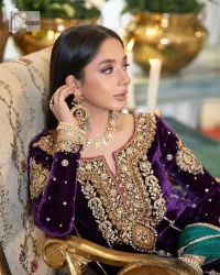Plum Velvet Long Shirt Trousers – Green Dupatta - Image 6