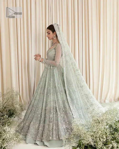 Exquisitely designed ensembles with delicate embroideries & traditional embellishments for nikah outfit statements. This beautiful maxi that comes in aqua