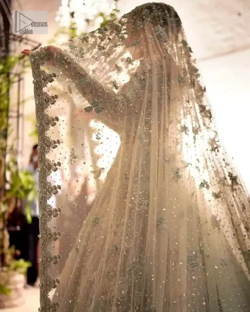 The magic reflects in every piece of this nikah wear. DeemasFashion presents a stunning outfit in an aqua-blue colour. A