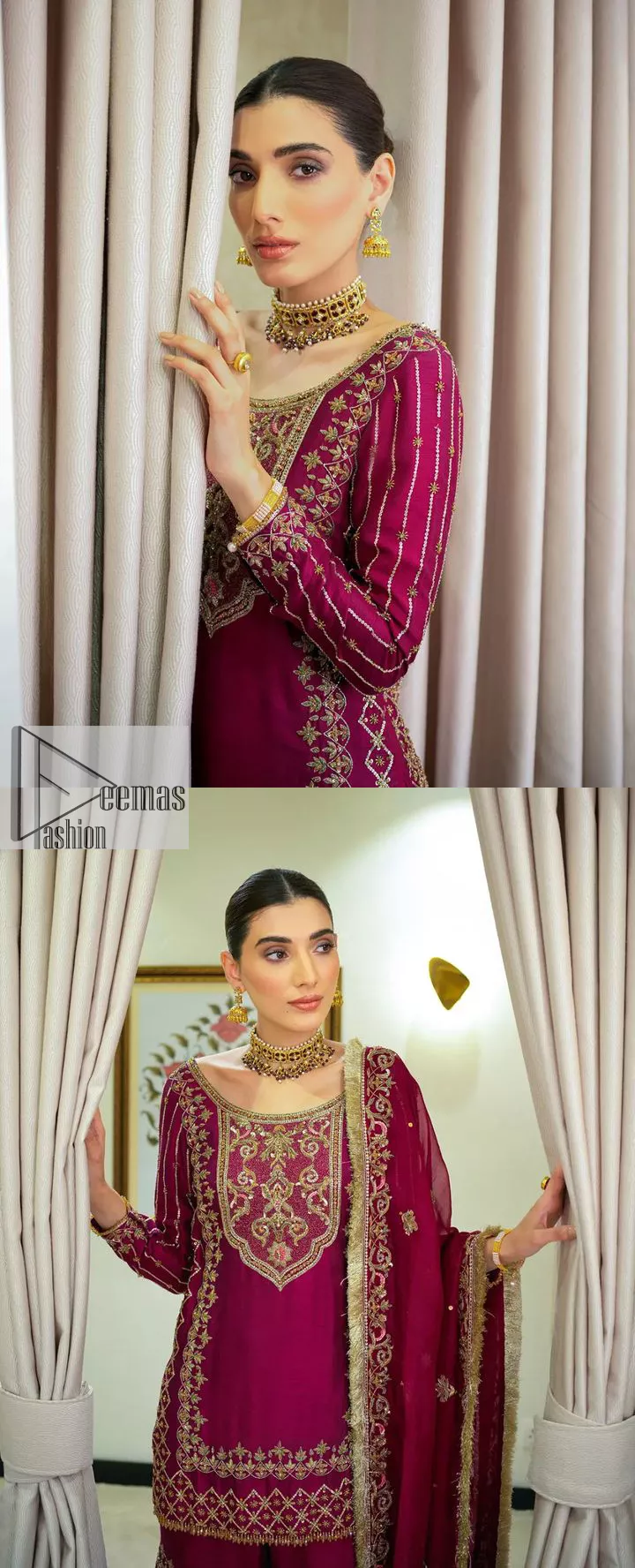 It’s bold, it’s romantic, it’s burgundy. The burgundy shade of this short shirt and gharara makes it an alluring choice for any event. Hand-crafted adornments and designs make this short shirt an epitome of beauty and royalty. The boat shape neckline o the beautiful shirt makes it a perfect choice to pair with the gharara. In addition to this, the beautiful adornments on the sleeves give a glamorous touch to this magnificent attire. It is coordinated with gharara in the same colour. The embellished borders and fine details give a perfect finish to this gharara. Finish this party wear with a dupatta framed with a four-sided border and sparkling tiny floral motifs all over to give a bold look.