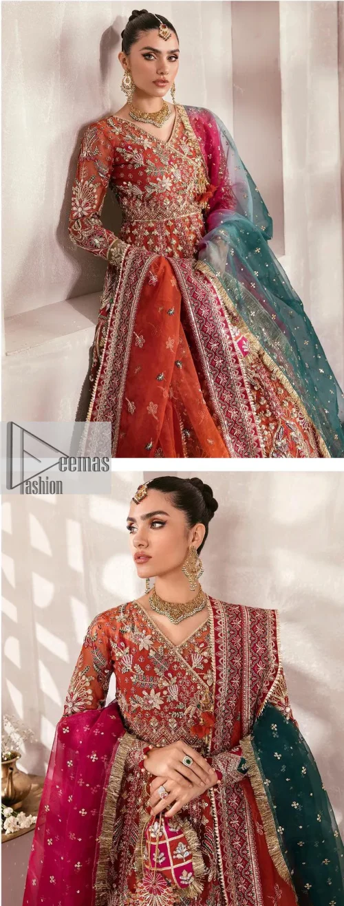 This deep rust outfit with a floral pattern has you covered for your big day. This deep rust angrakha is