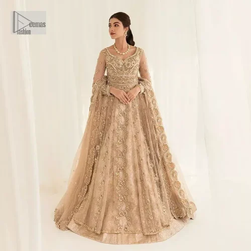 Presenting elegance personified glamorous formal nikah outfit. A heavenly-designed light golden maxi on an organza base serves as a canvas