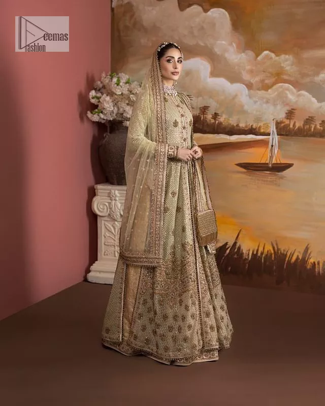 Olive Front Open Shirt – Crushed Sharara – Pleated Dupatta  https://deemasfashion.com/latest-pakistani-bridal-wear/olive-shirt-crushe...  | Instagram