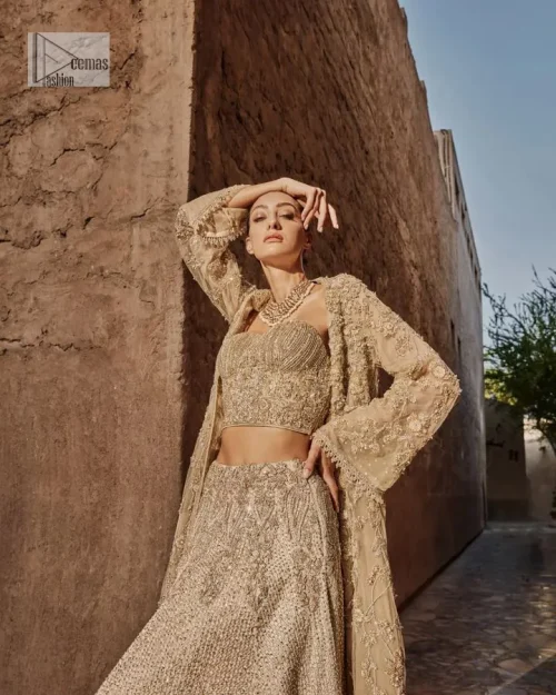 This modern piece is all about extraordinary details and aesthetic vibes! A beige organza blouse is heavily embellished with dabka,