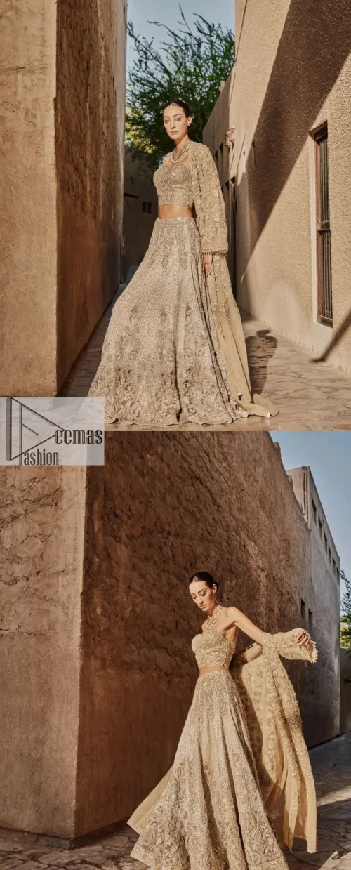 This modern piece is all about extraordinary details and aesthetic vibes! A beige organza blouse is heavily embellished with dabka,