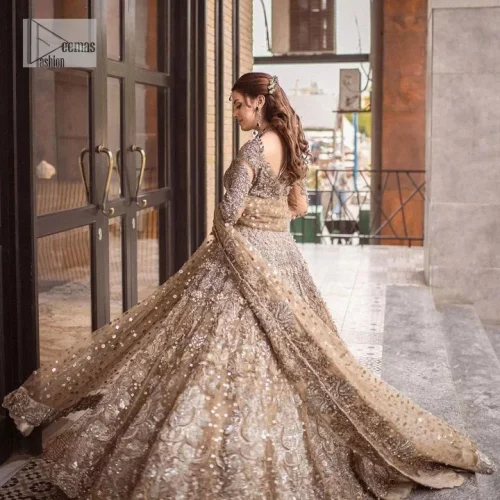 A dreamy statement of brown nikah outfit! This dress proffers a brown hue with its glamorous silver embroidery. The handsome