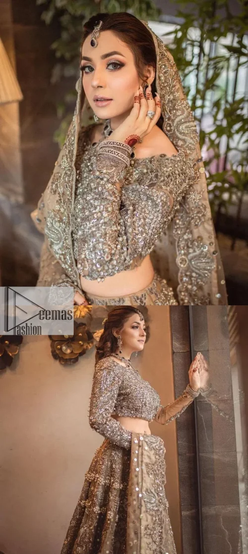 A dreamy statement of brown nikah outfit! This dress proffers a brown hue with its glamorous silver embroidery. The handsome