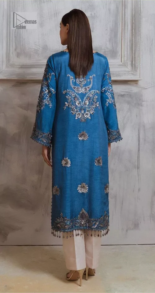 Dress up in this finest two-piece aesthetic party wear. A beautiful shirt in a cadet blue colour is a perfect