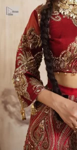 Deep Red Blouse – Flared Lehenga – Dark Blue Dupatta - Image 2