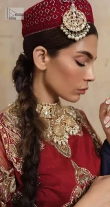 Deep Red Blouse – Flared Lehenga – Dark Blue Dupatta - Image 3