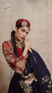 Deep Red Blouse – Flared Lehenga – Dark Blue Dupatta - Image 4