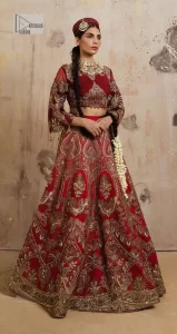 Deep Red Blouse – Flared Lehenga – Dark Blue Dupatta - Image 5
