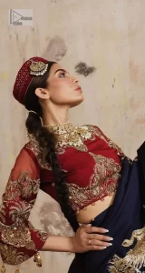 Deep Red Blouse – Flared Lehenga – Dark Blue Dupatta - Image 6