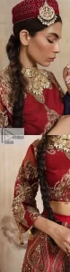 Deep Red Blouse – Flared Lehenga – Dark Blue Dupatta - Image 8