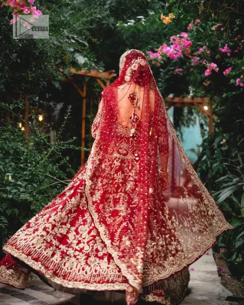 Classic deep red canvas with a bold twist of the pattern!  Bridal choli in the deep red shade is a